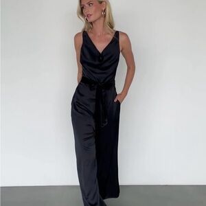 Black Satin Jumpsuit with Cowl Neck and Wide-Leg Design